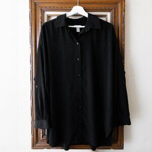 Chico’s Size 2 Black Button-Up Blouse | Long Sleeve Roll Tab Shirt Top